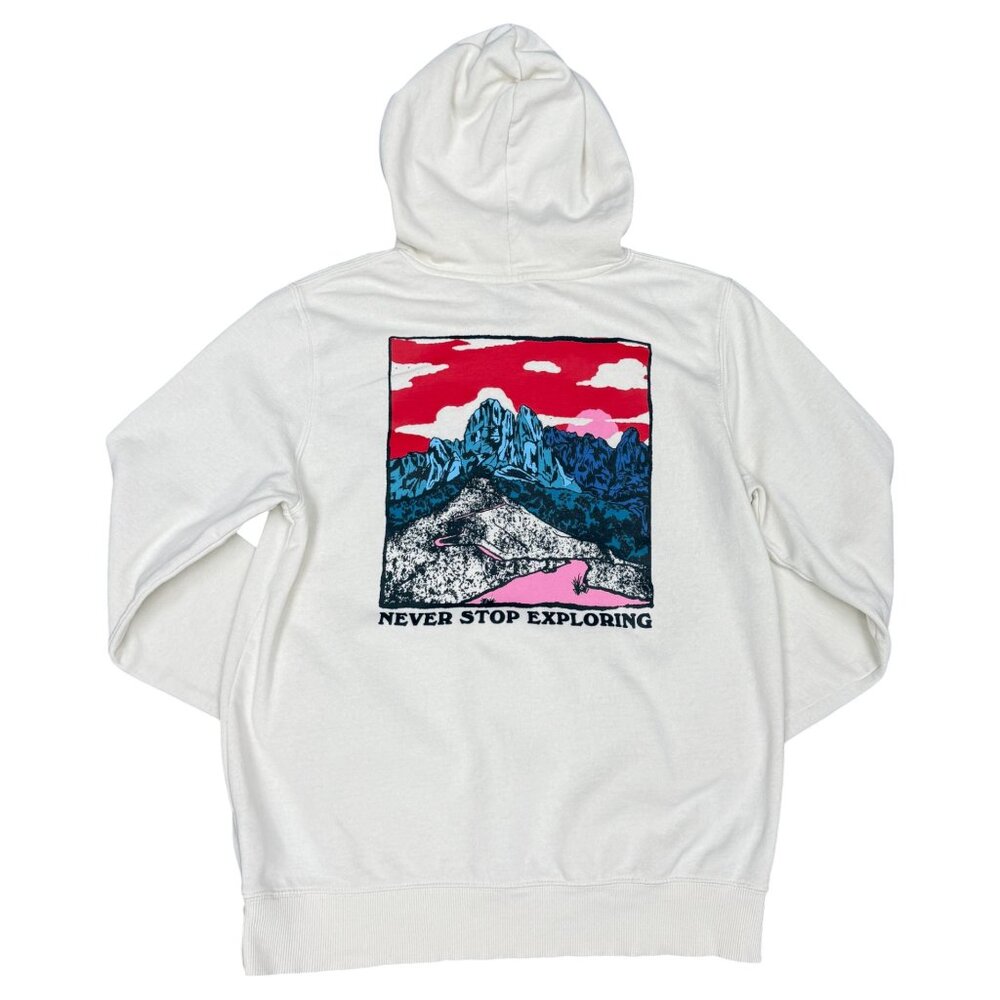 The North Face White Hoodie with Pink, Red and Blue Mountain Graphic